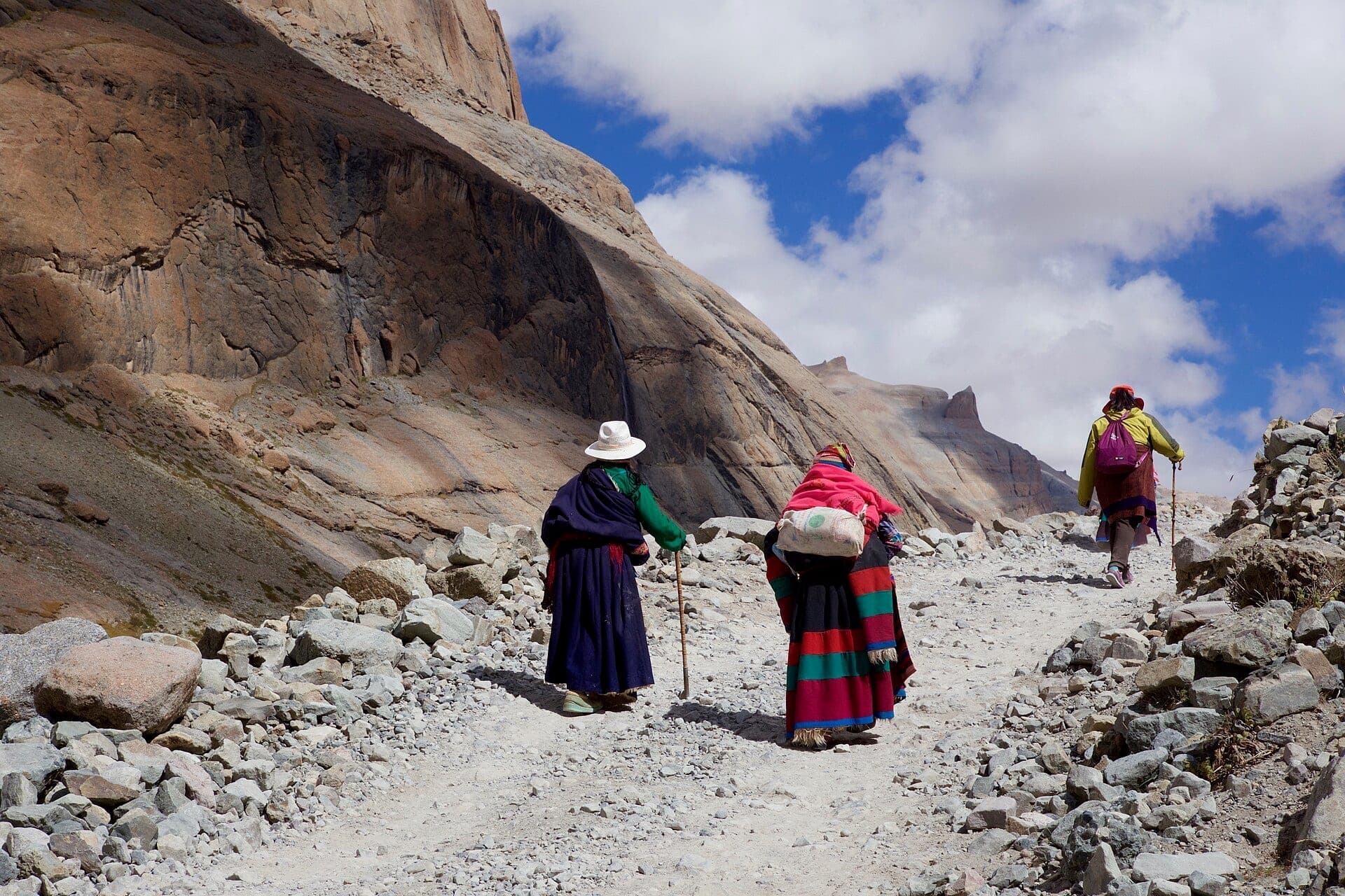 Tibetan pilgrims walking the rocky kora path around Mount Kailash